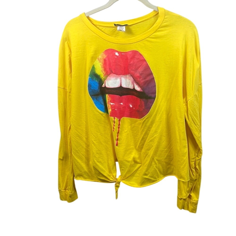 Miss Popular Yellow Graphic‎ Lips Long Sleeve Tie Front Top Size 3X
